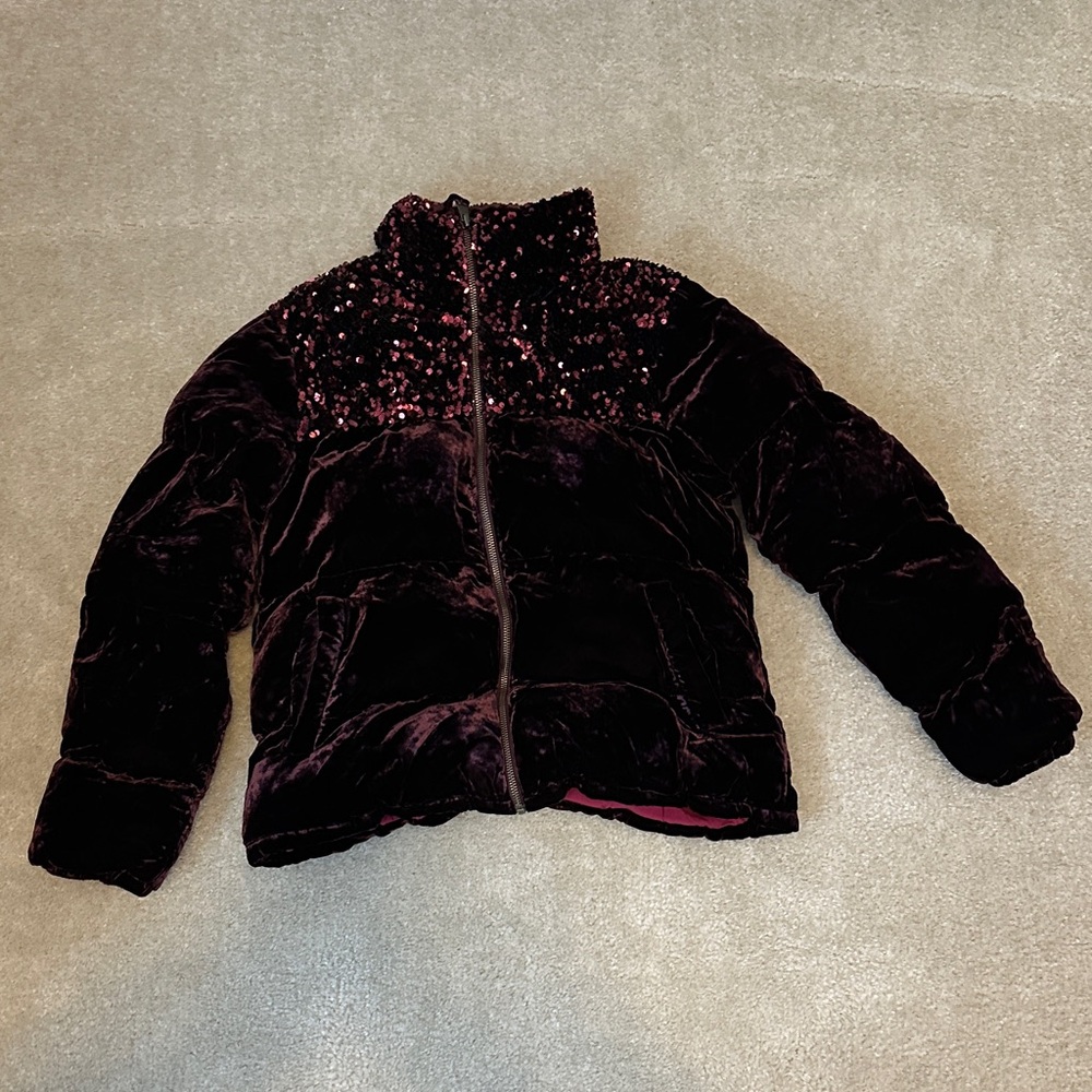 Maeve Dark Red/Maroon Velvet Puffer Jacket